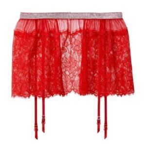 1445 Victoria’s Secret Shine Strap Lace RED SKIRT WITH GARTERS Belt Size XS - S